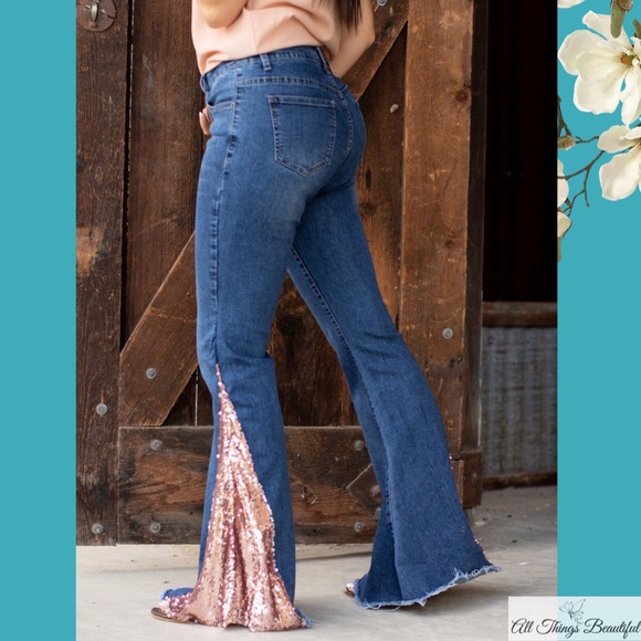 LAST PAIR SZ 2!•L&B ROSE GOLD BELLS Sequin Jeans - Picture 4 of 7